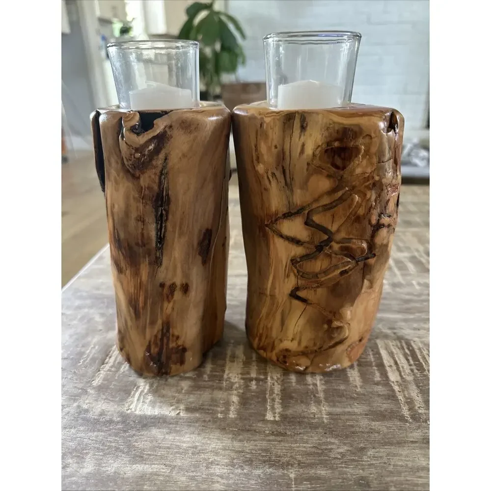 Colorado Aspen Wood Set Of 2 Hand Carved Votive Candle Holders 7”